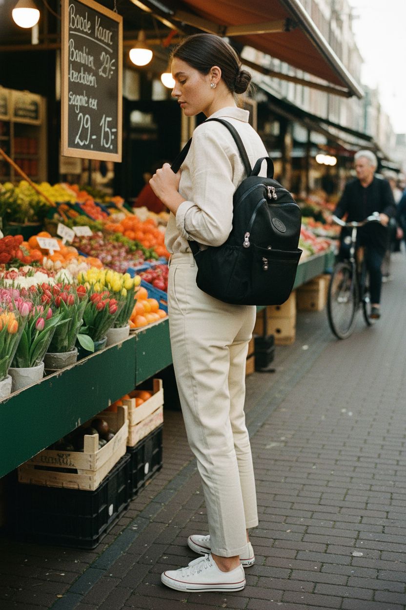 Yvechus Mini Backpack Purse in black showcased at a bustling street market, ideal for errands.