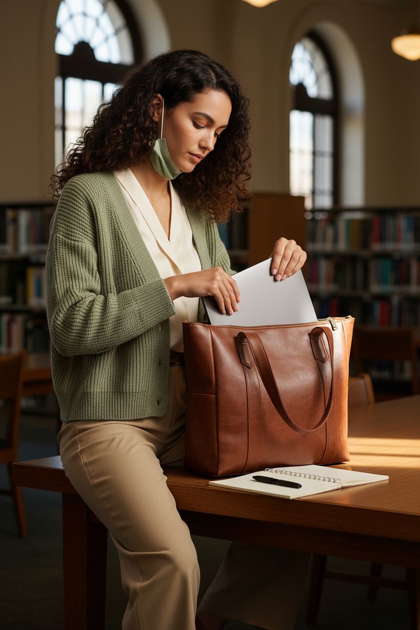 YXQSED brown PU leather tote bag on library table with laptop and notebook, perfect for students