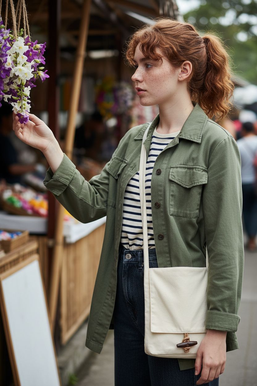 Light canvas PROCOS satchel hanging stylishly at a modern weekend market