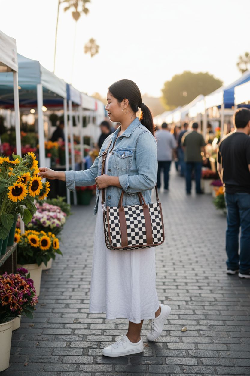 AnBlack checkered crossbody purse at a vibrant farmers' market, ideal for casual outings.
