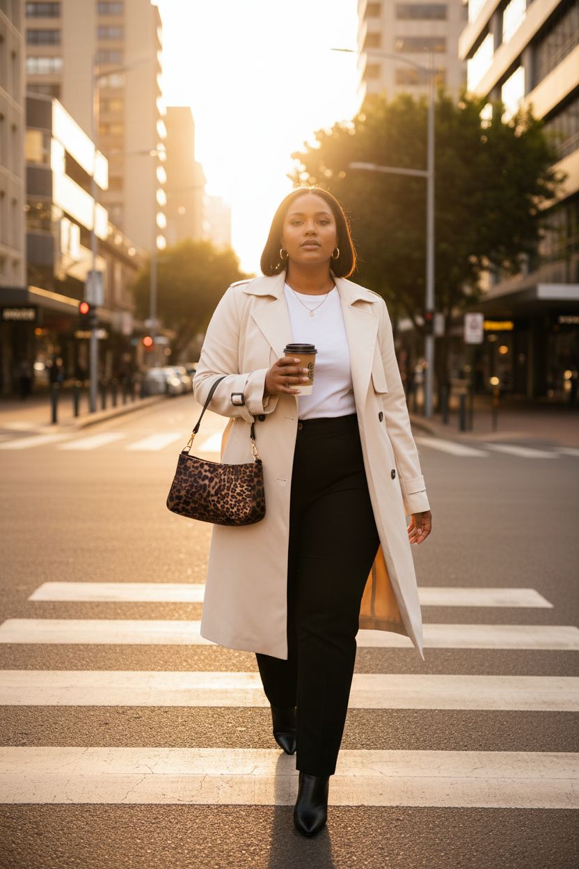 NEBIL leopard purse showcased against stylish attire in a sunlit crosswalk.