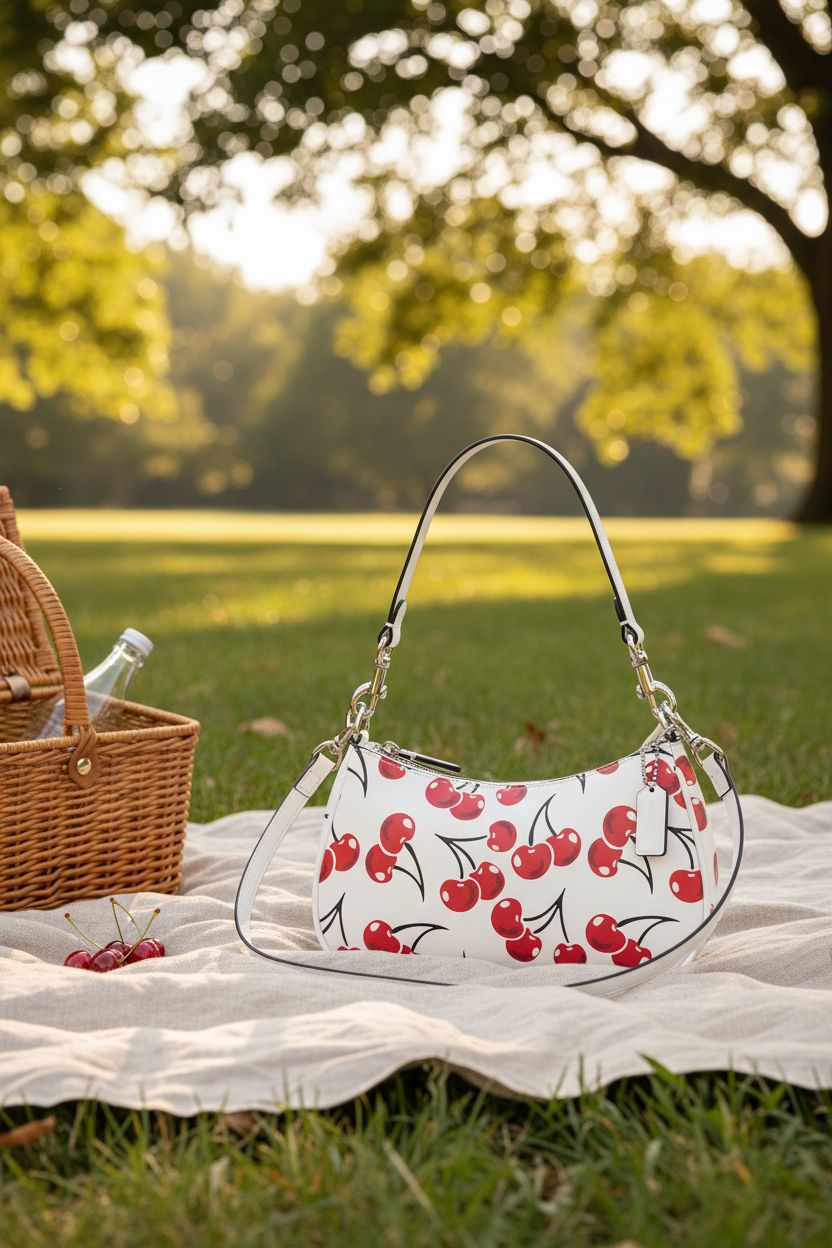 LAIQIAN cherry purse resting on a picnic blanket amidst nature's beauty
