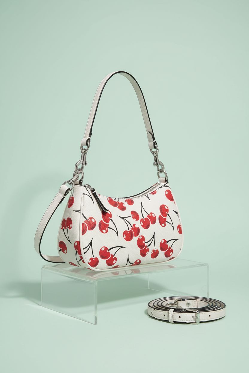 LAIQIAN cherry-print crescent bag displayed elegantly on a mint backdrop