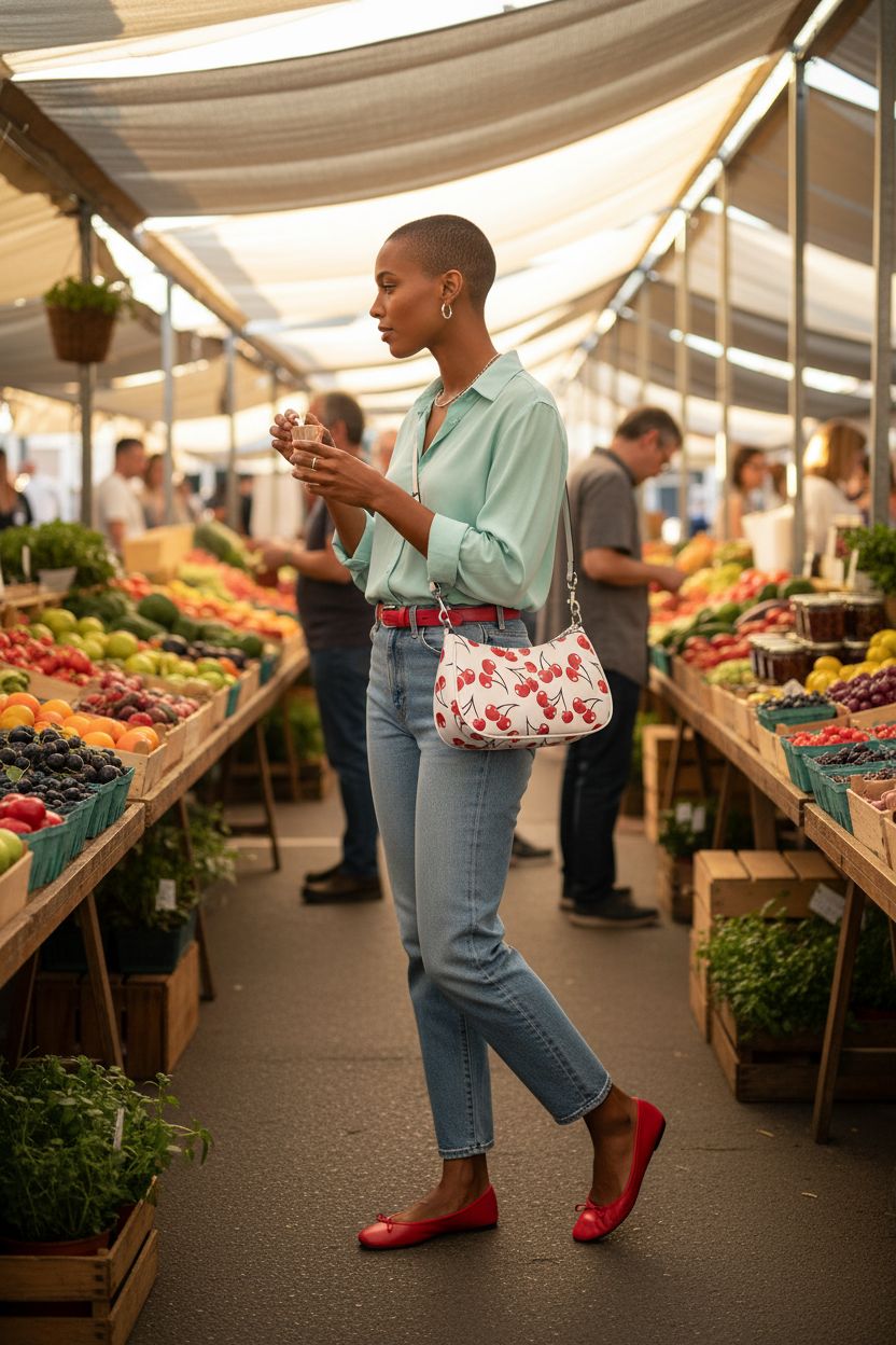LAIQIAN cherry-print purse worn crossbody at a vibrant farmers' market