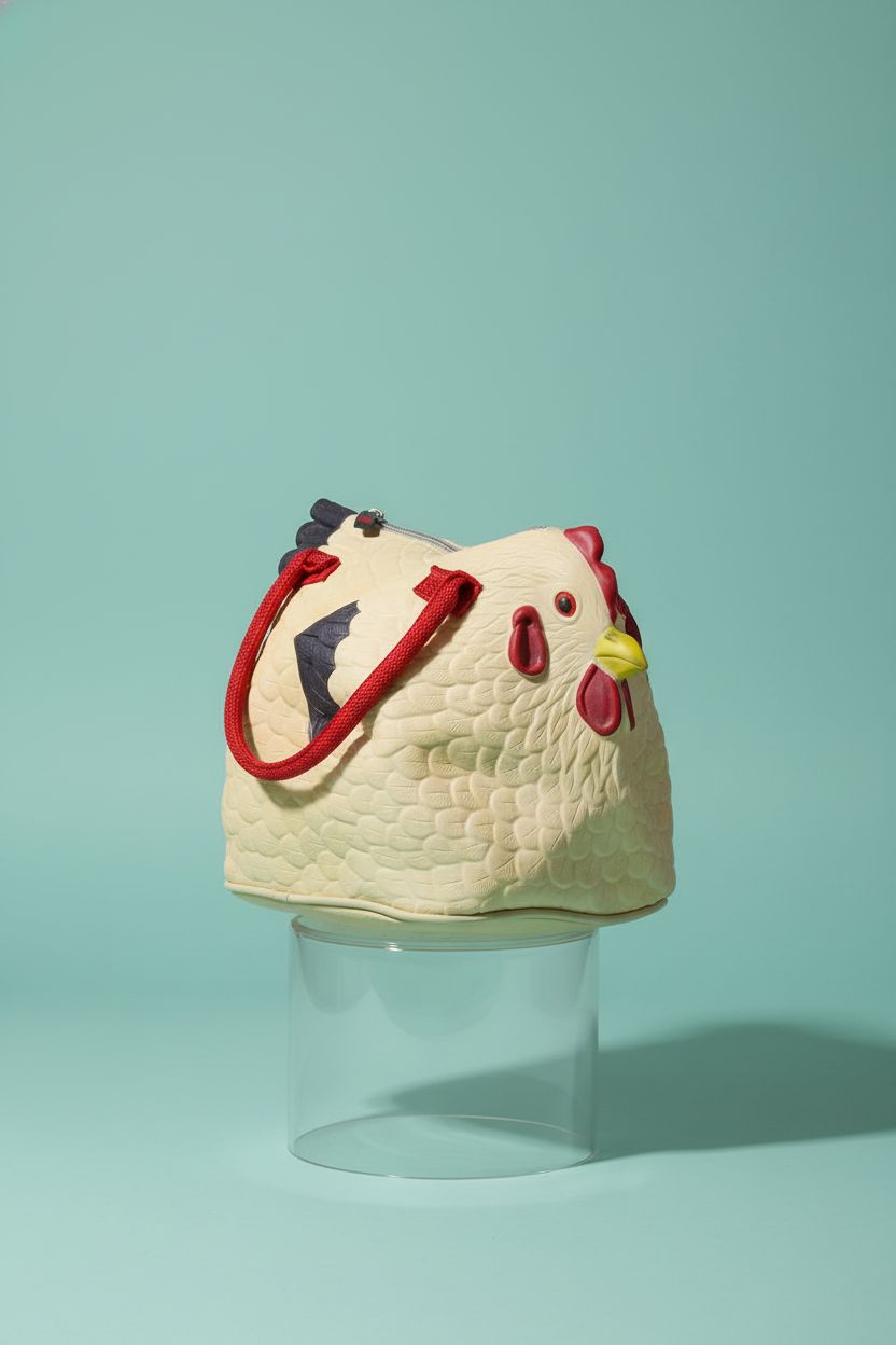 Rubber Chicken Purse displayed on an acrylic riser against a pastel teal backdrop, highlighting its design.