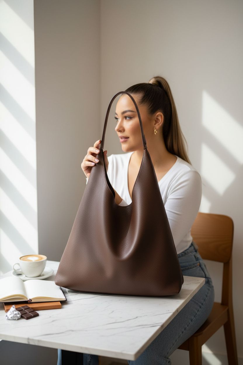 Chocolate hobo bag by HOXIS elegantly draped on a marble table, surrounded by warm café ambiance.