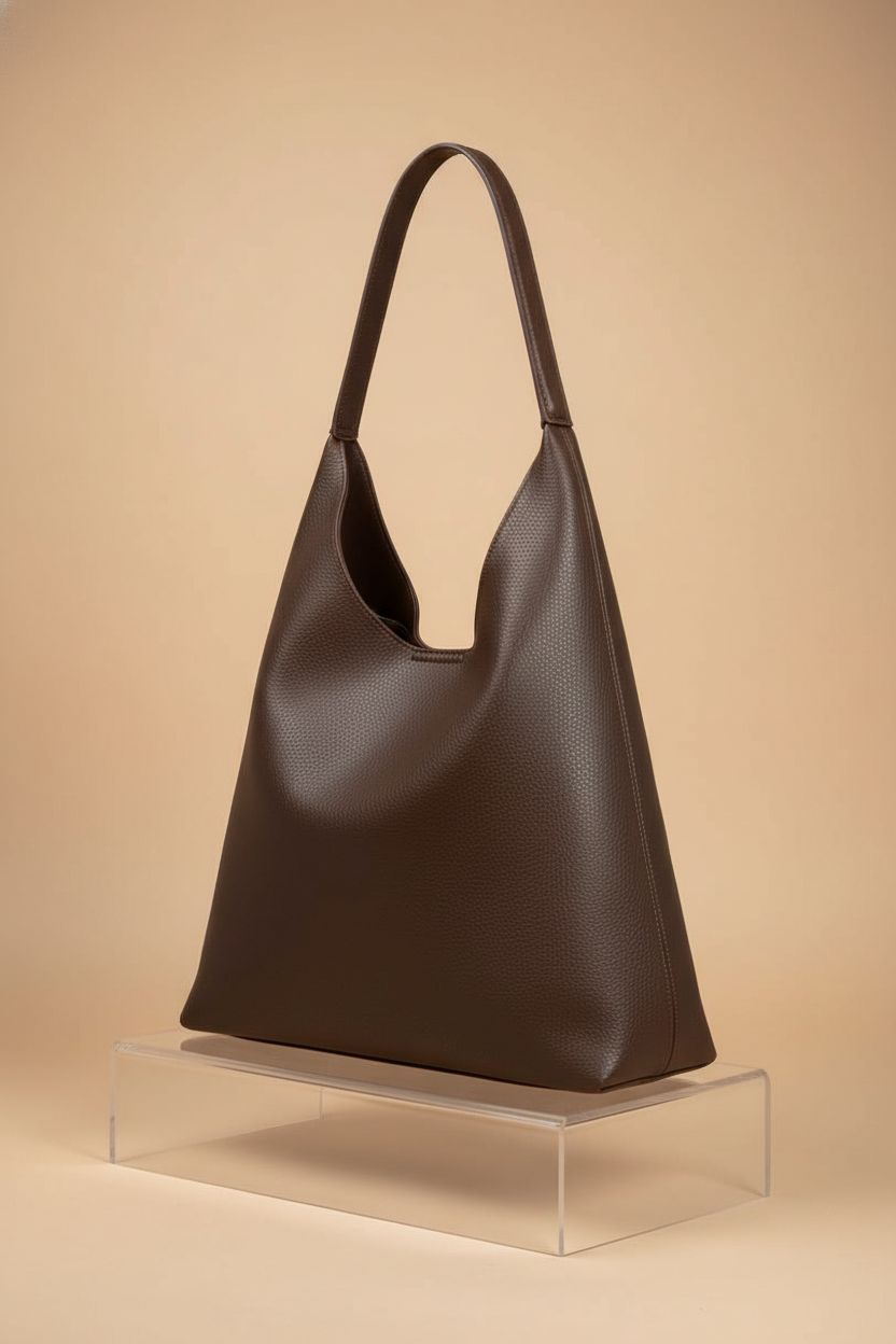 HOXIS chocolate hobo bag displayed on acrylic riser, highlighting its soft vegan leather and design.