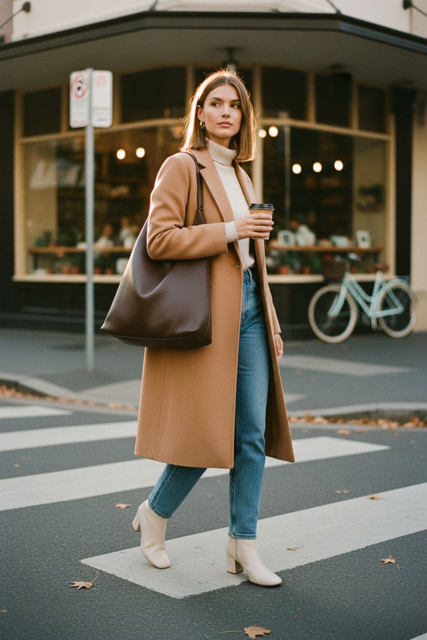 HOXIS chocolate hobo bag slung over shoulder, showcasing its versatility on a sunny sidewalk.