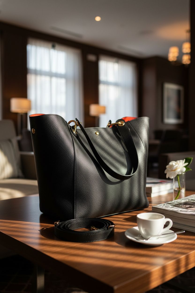 sqlp Large Work Tote Bag for Women in a stylish boutique setting, highlighting its design and features.