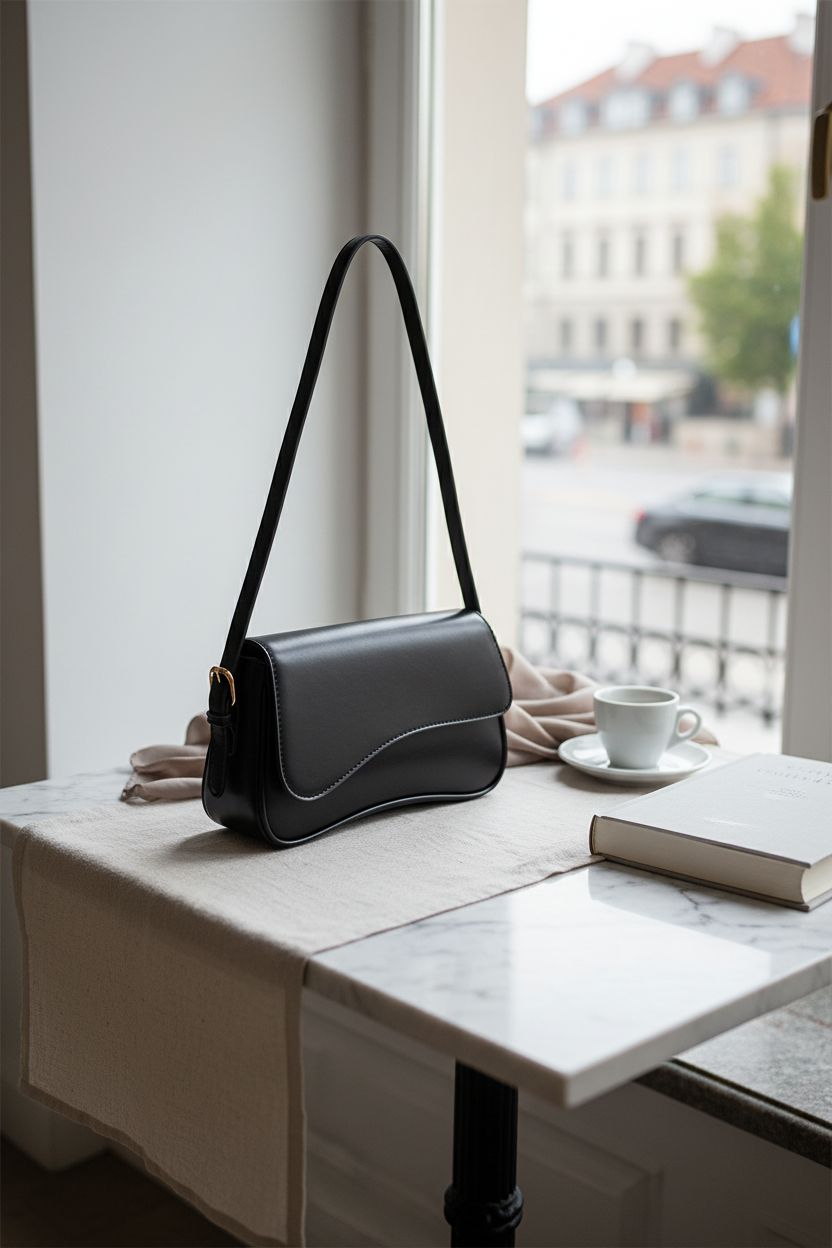 Amszke black vegan leather saddle bag elegantly placed on a marble table in a sunlit café.