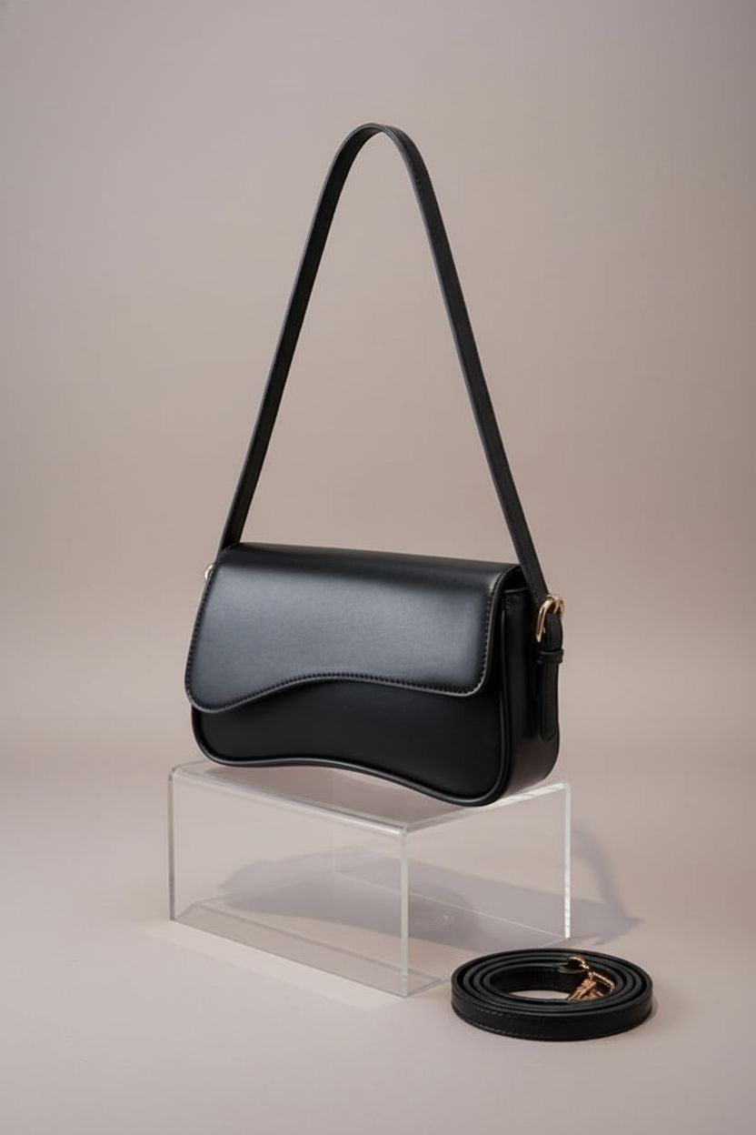 Amszke black vegan leather shoulder bag with removable strap displayed on a studio backdrop.
