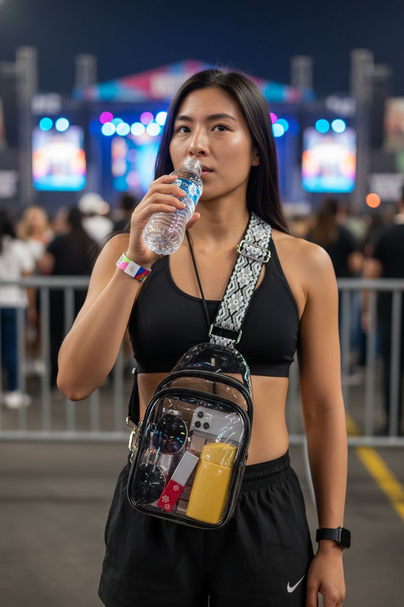 CLUCI clear crossbody bag showcased at a concert with colorful stage lights in the background.