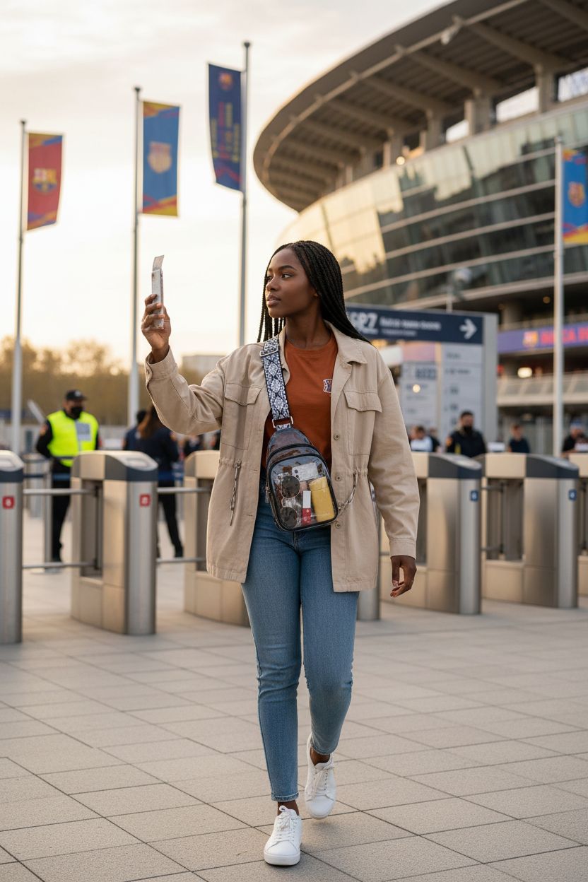 CLUCI clear crossbody bag with black trim and patterned strap at stadium gates, perfect for events.