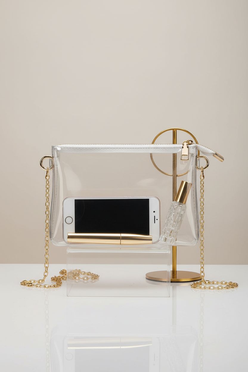 BS-VOG Clear Purse on acrylic riser, highlighting its transparent design and gold chain