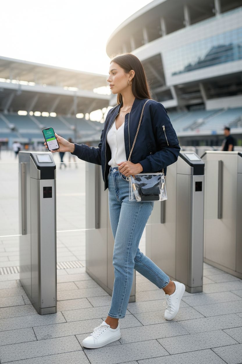 BS-VOG Clear Purse for Women shown mid-frame with phone and wallet visible at a stadium entry