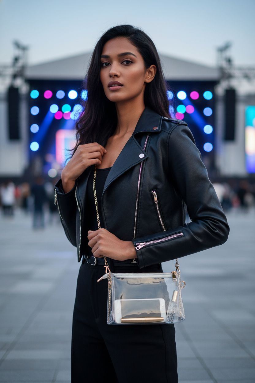 BS-VOG Clear Purse showcased with phone and compact, glowing stage lights in the background