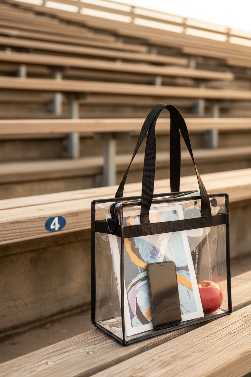BAGAIL clear vinyl bag resting on wooden bleachers, highlighting its spaciousness and style.
