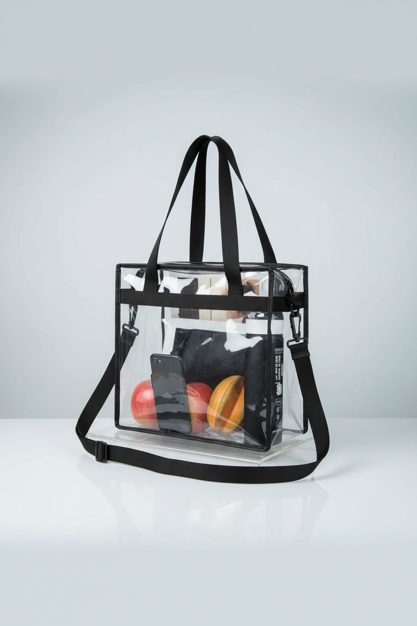 BAGAIL clear vinyl bag on a light-gray background, showcasing its sleek design and zipper closure.