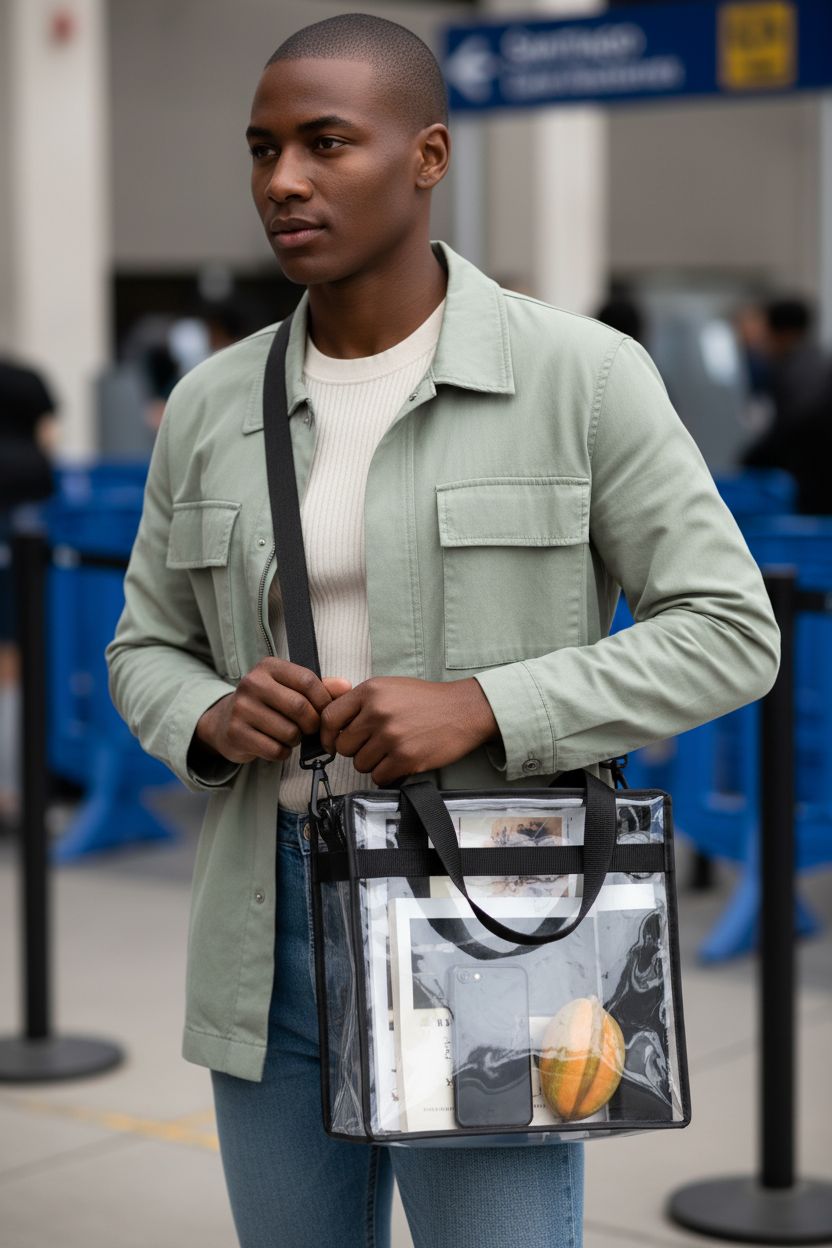 BAGAIL clear vinyl bag with zipper, showing easy access and adjustable strap.