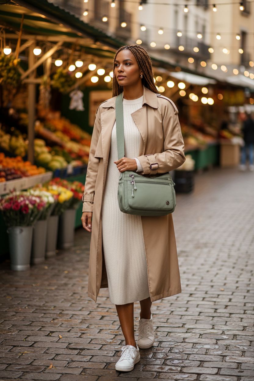 Wytidian green crossbody purse in a market setting, showcasing waterproof nylon and roomy pockets.