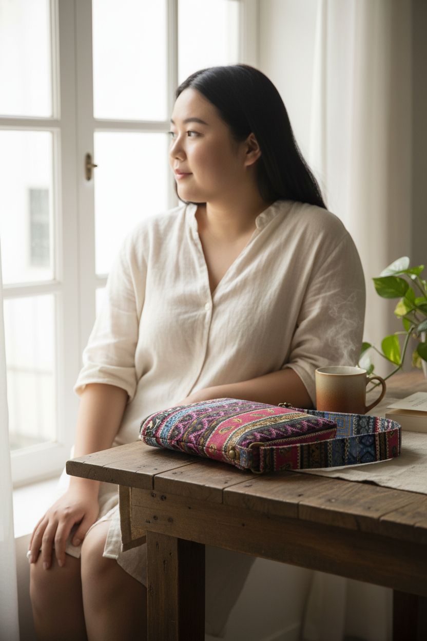 Cozy scene featuring OPQRSTU canvas handbag on a table with a steaming mug