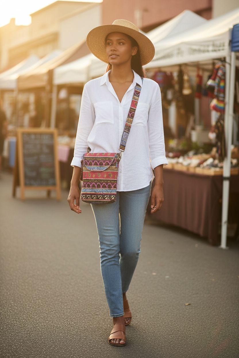 OPQRSTU Women's retro canvas shoulder bag in rose red at a weekend market