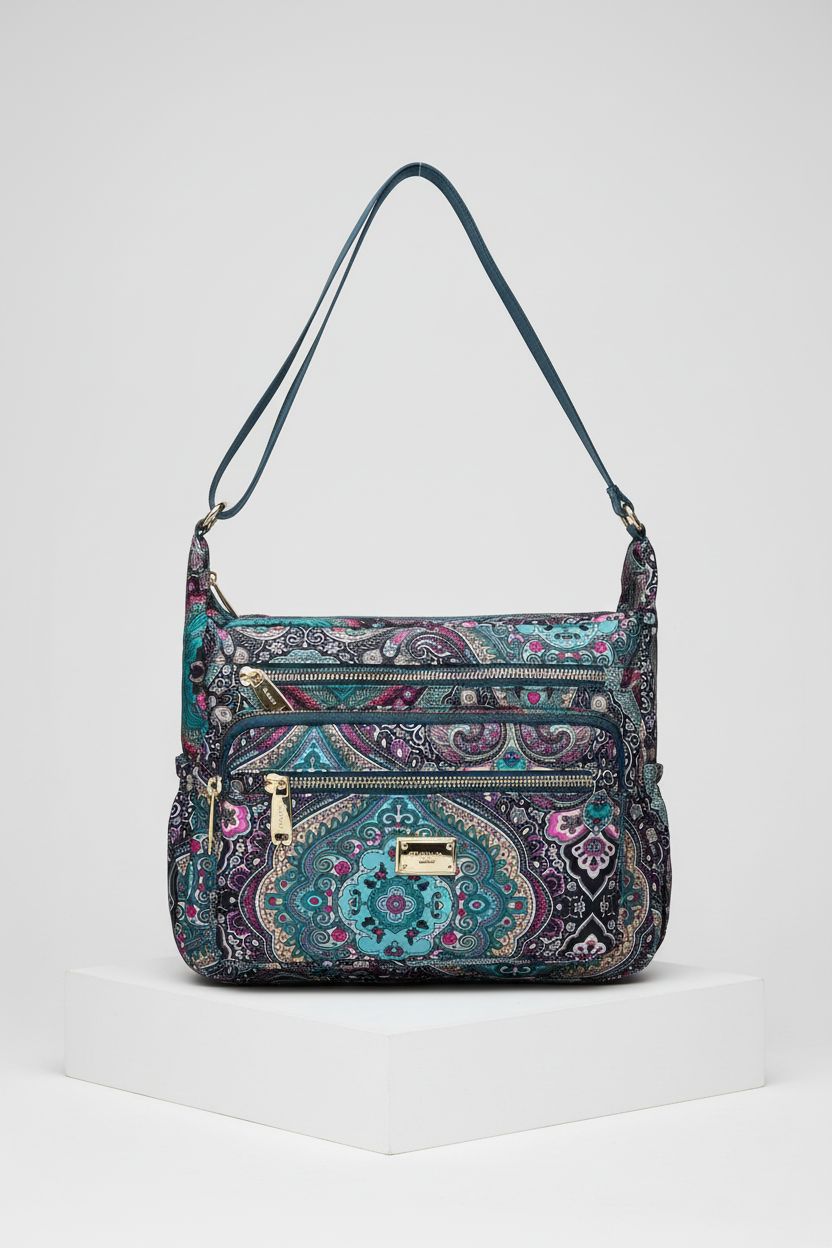 Close-up of Pealwel black and blue handbag showcasing its spacious pockets and quality.