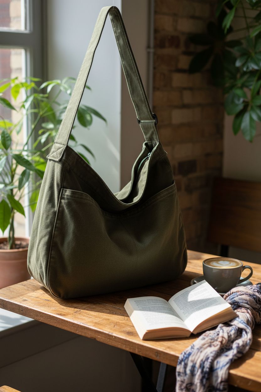 Olive tote bag by DAINAOTM resting in a cozy café setting, perfect for relaxed mornings.