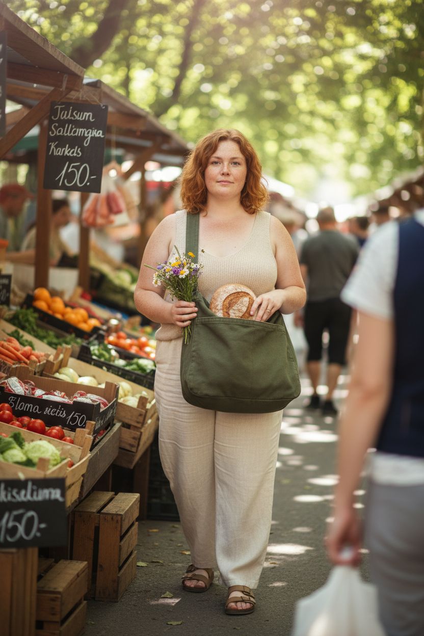 Olive canvas tote bag by DAINAOTM at a vibrant farmers market, perfect for casual outings.