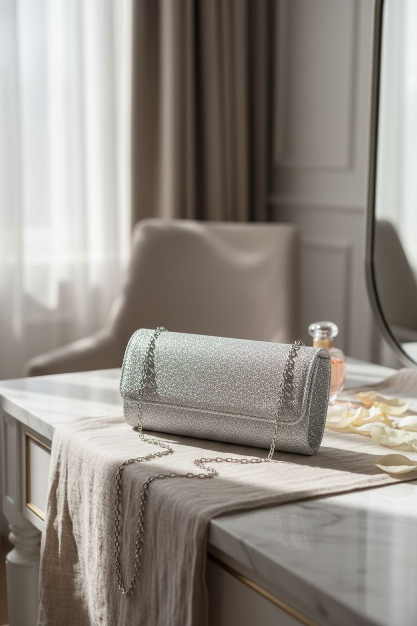 lovyoCoCo clutch on marble vanity with rose petals and perfume, soft morning light