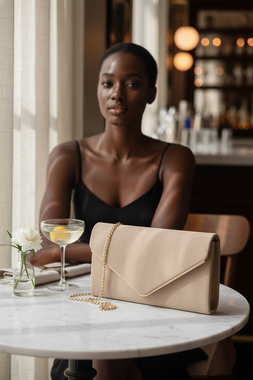 Dasein taupe-beige cocktail bag next to a cocktail in a cozy bar ambiance