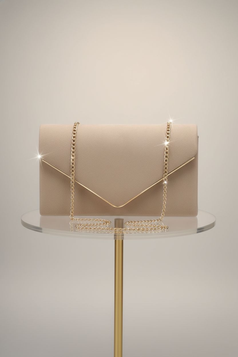 Dasein taupe-beige suede cocktail bag showcasing craftsmanship on a minimalist pedestal