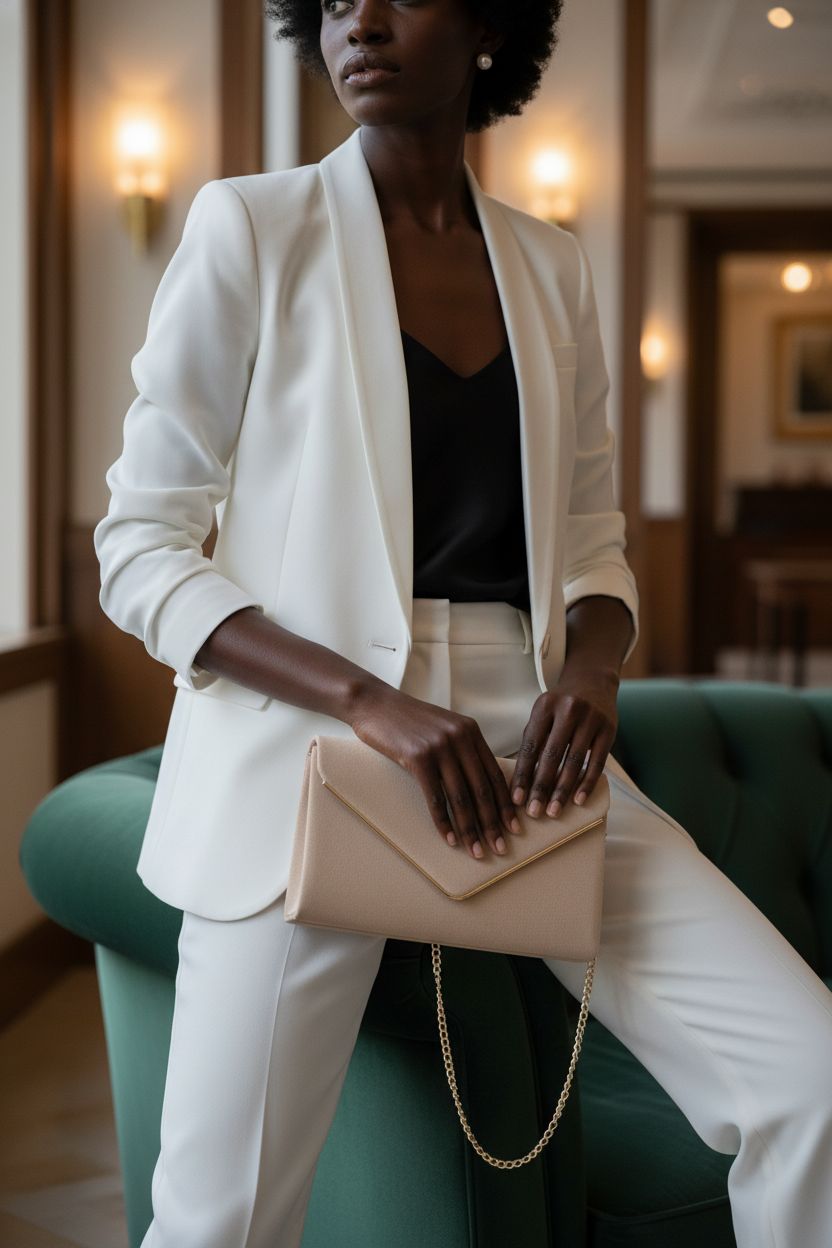 Dasein taupe-beige evening clutch bag with gold chain in an art-deco lobby setting