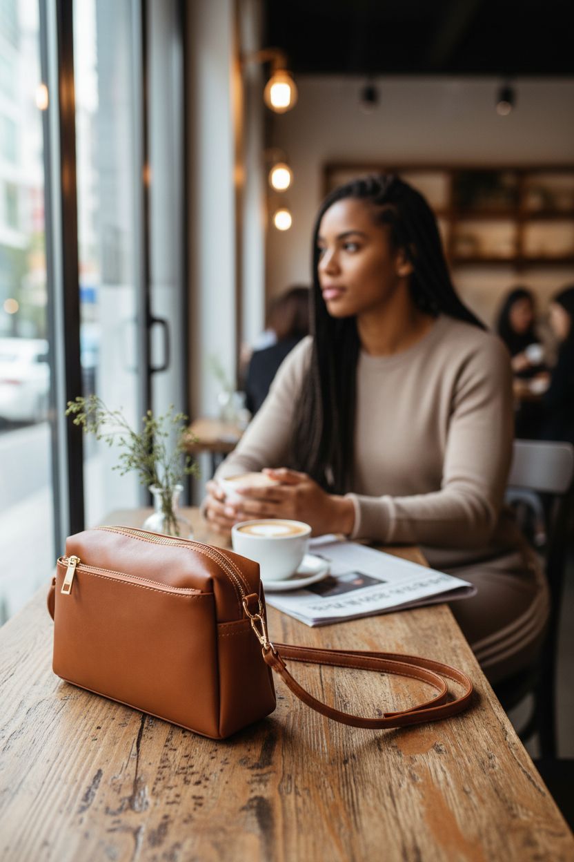 FashionPuzzle cognac crossbody bag beside cappuccino in a cozy café, perfect for relaxed mornings.