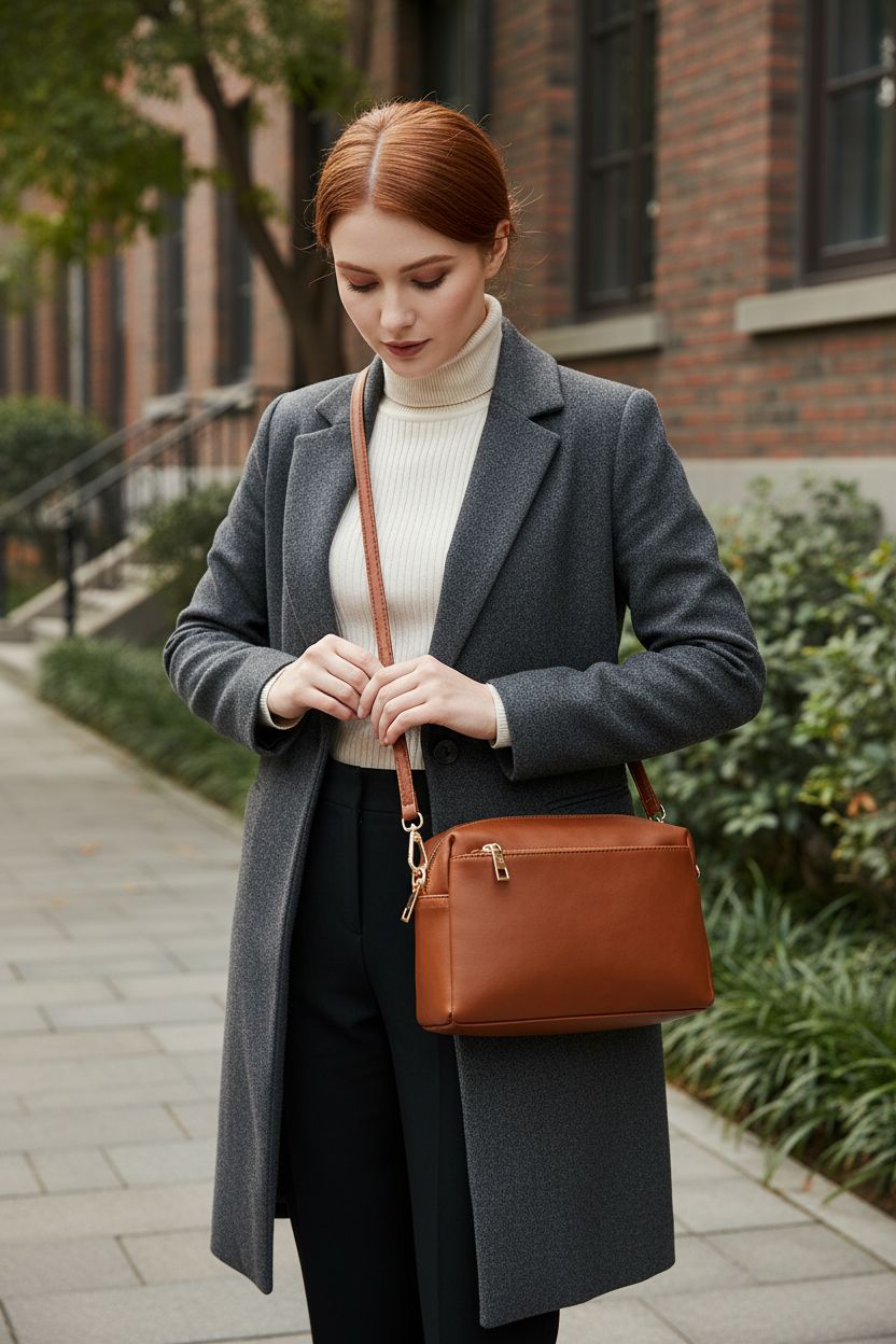 FashionPuzzle cognac crossbody bag with triple zip compartments, showcasing smooth faux leather design.