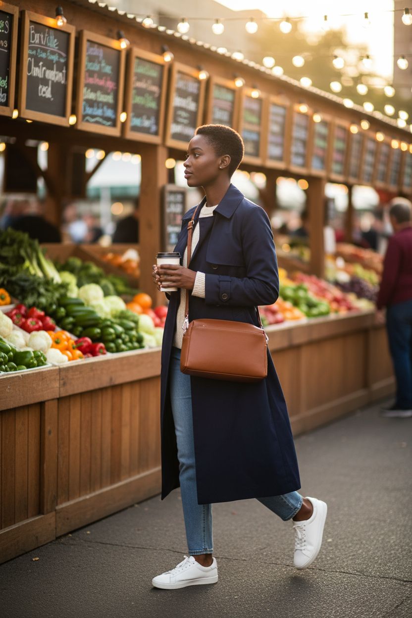 FashionPuzzle cognac crossbody bag worn for hands-free ease at a vibrant farmers' market.