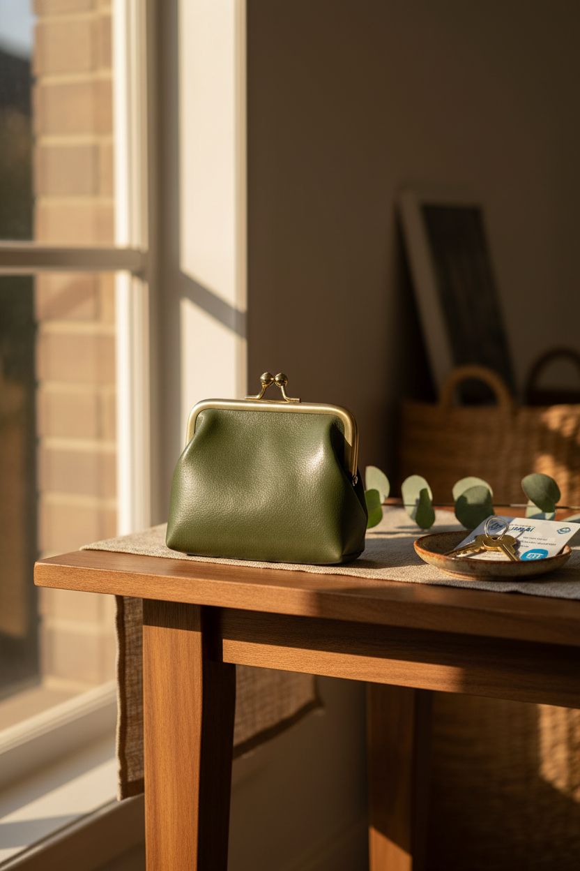 SENCCO green coin purse resting on a warm console with eucalyptus, highlighting its vintage PU leather texture.
