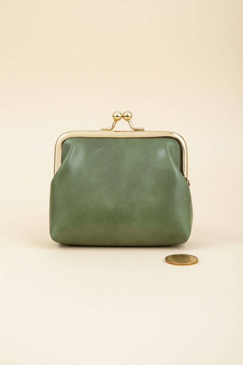 SENCCO green coin purse on a soft gradient backdrop, emphasizing its elegant design and rich color.