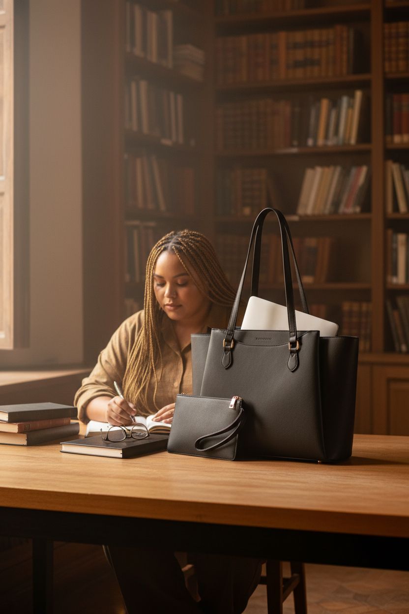 RAINSMORE tote bag beside study materials in a cozy library nook, perfect for academic settings.