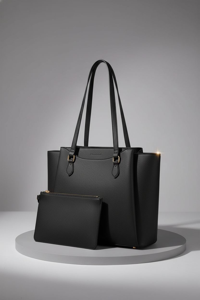 RAINSMORE black laptop tote bag showcased in a studio, emphasizing its sleek design and quality materials.