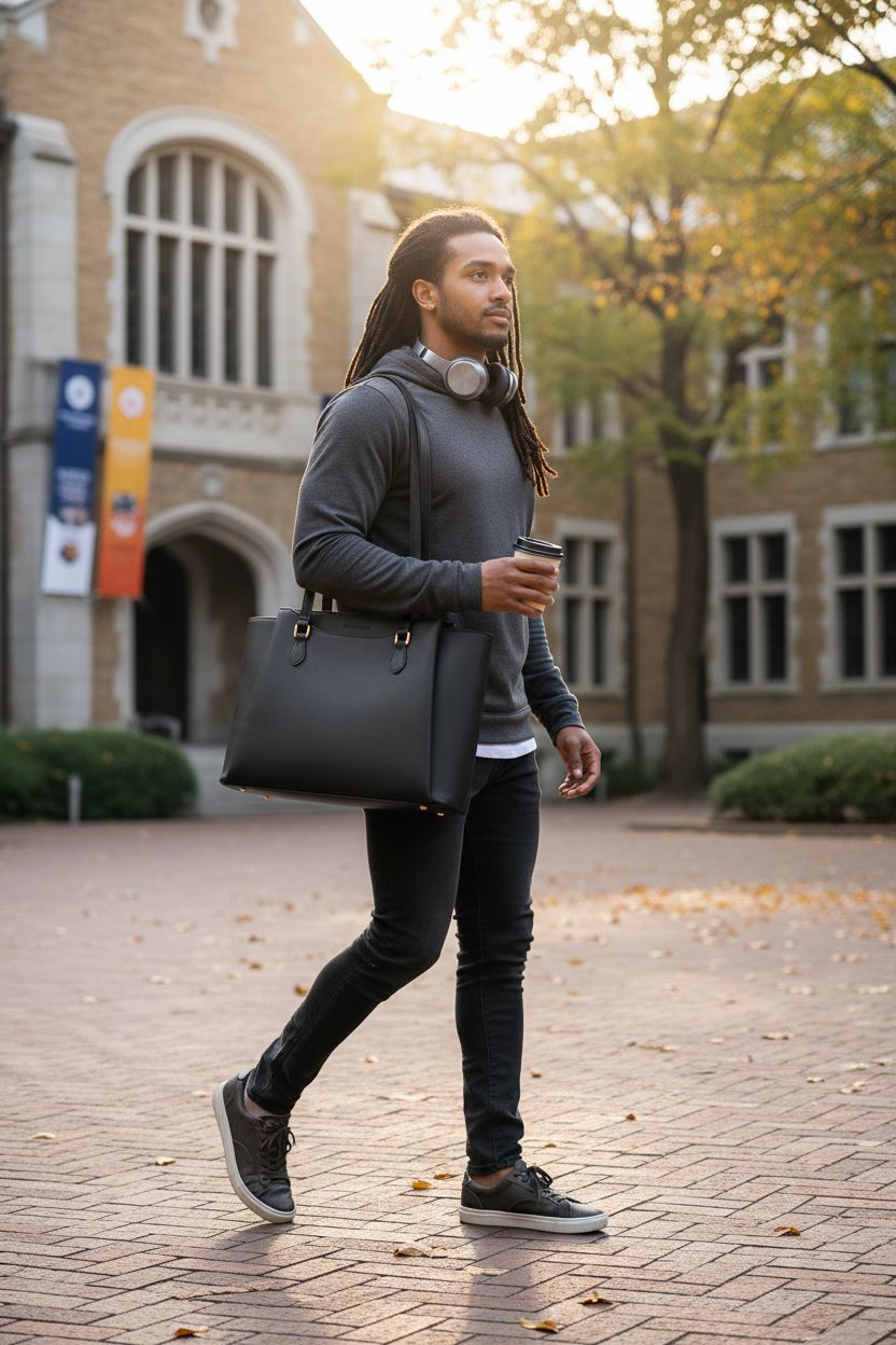 RAINSMORE black tote bag in a university quad, showcasing style and versatility for college purses.