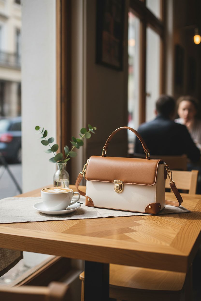 Milan Chiva color block bag on oak table in cozy cafe setting, perfect for stylish coffee dates