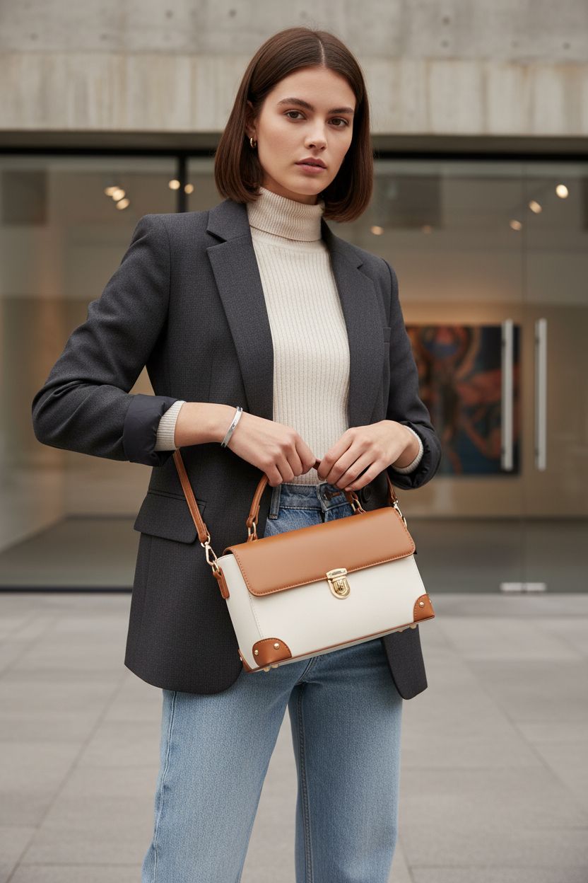 Milan Chiva color block bag in tan and ivory, stylishly worn crossbody with modern gallery backdrop