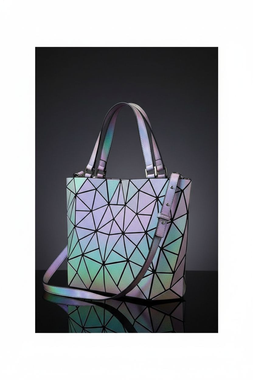 LOVEVOOK geometric purse on glossy surface, highlighting holographic panels and sleek design.