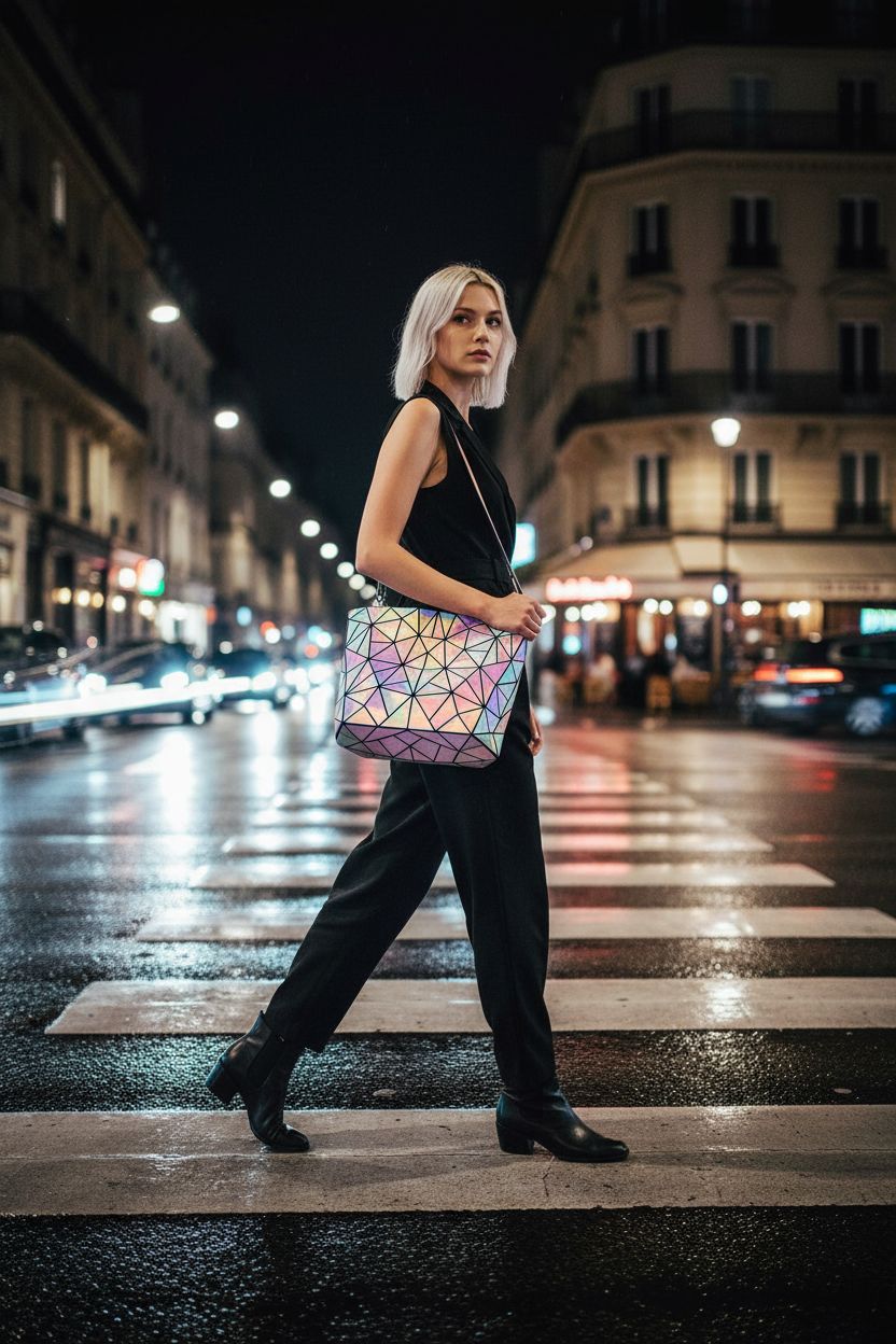 LOVEVOOK holographic crossbody bag reflecting neon lights, perfect for night outings.