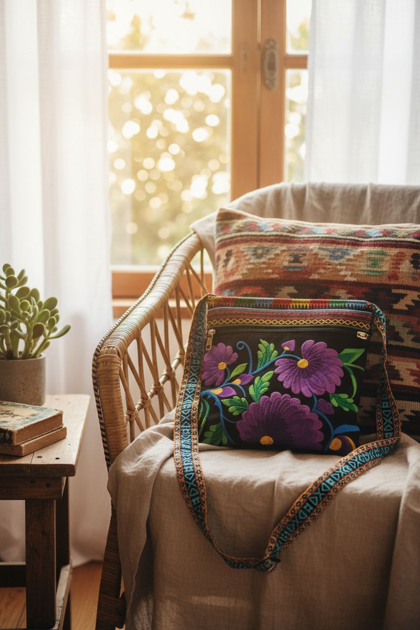 PHEVOS colorful shoulder bag in a cozy bohemian nook, showcasing its stylish design.