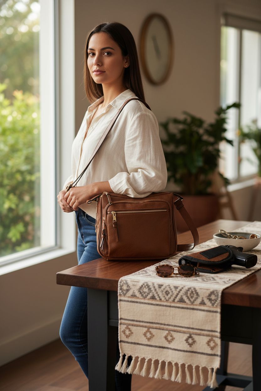 JESSIE & JAMES tan concealed carry crossbody purse beside keys in a cozy entryway setting