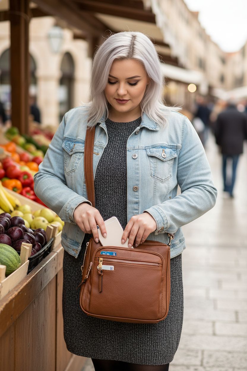 JESSIE & JAMES concealed carry crossbody purse in tan at a market, showcasing RFID slots and lockable zipper