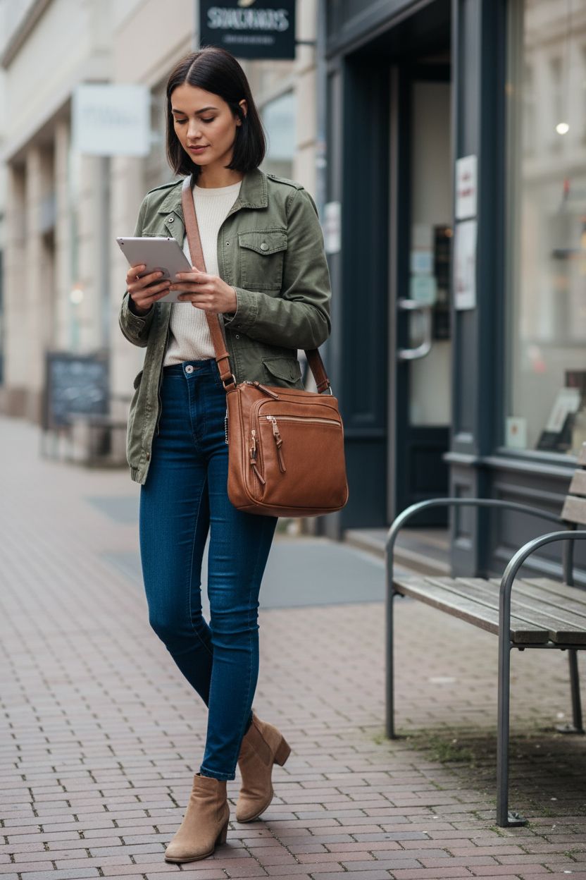 JESSIE & JAMES concealed carry crossbody purse in tan worn stylishly with jeans and jacket on a street
