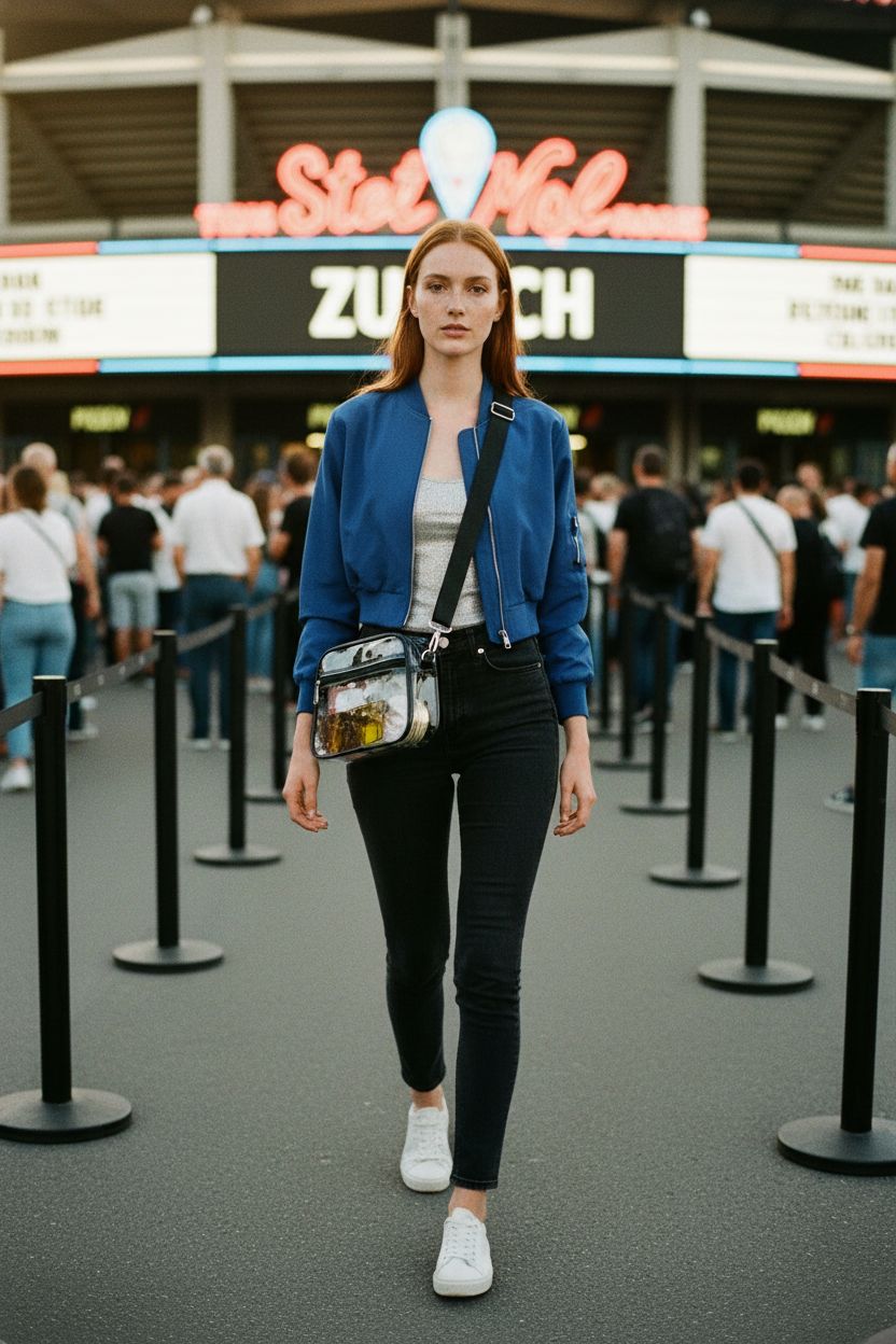 USPECLARE transparent bag filled with concert essentials at a vibrant venue.